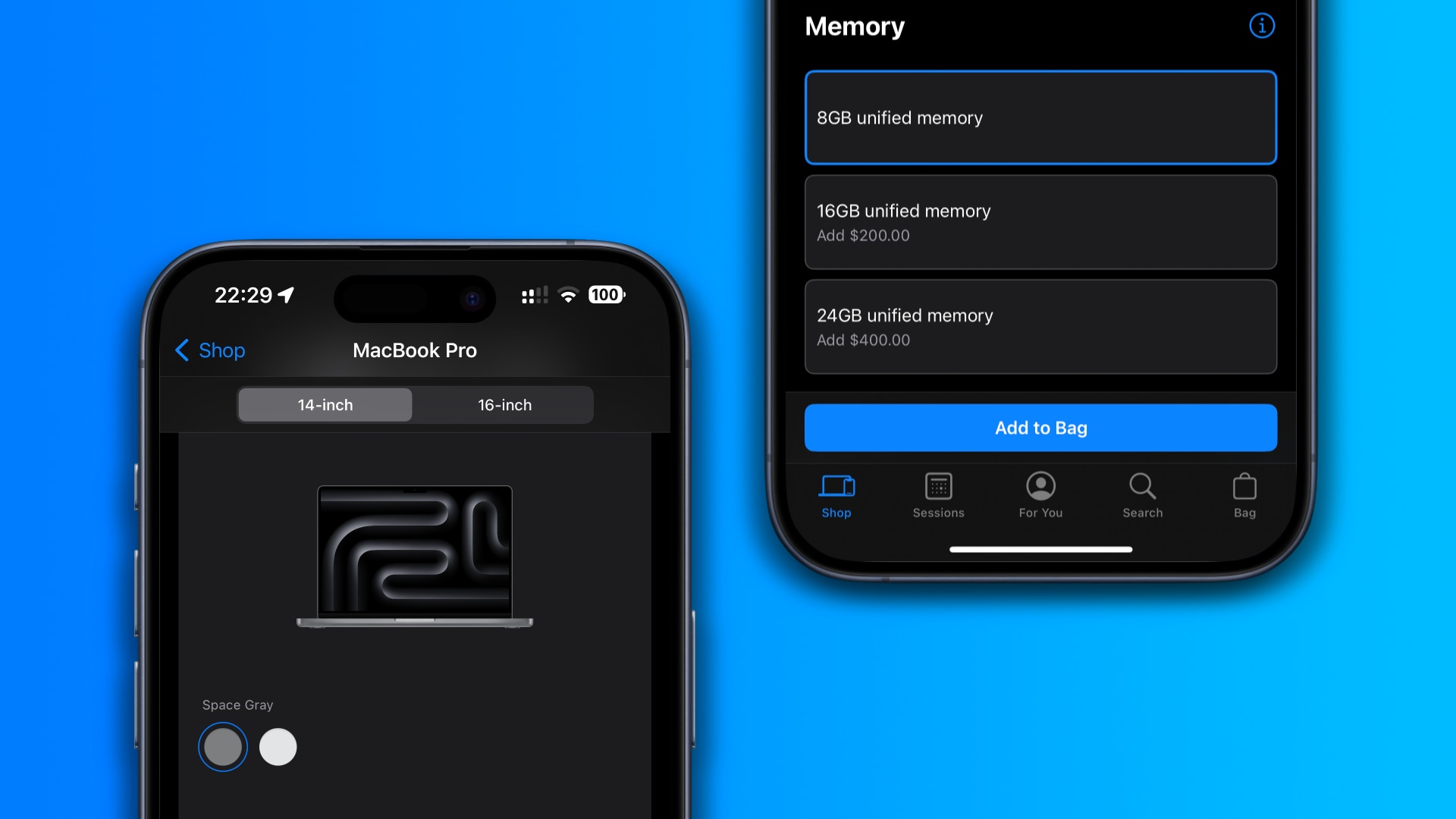 The Apple Store iPhone app showcasing RAM upgrades for the 14-inch M3 MacBook Pro with 8GB of unified memory